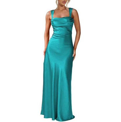 Teal satin long prom dress with square neckline and spaghetti strap bridesmaid gown style