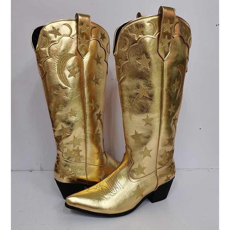 Gold cowboy boots with star pattern knee high boots design and low heels