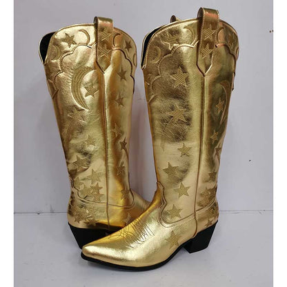 Gold cowboy boots with star pattern knee high boots design and low heels