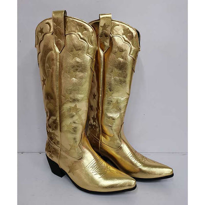 Gold leather cowboy boots featuring star pattern knee high boots design with pointed toes and block heels