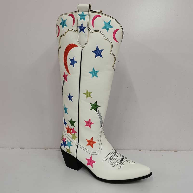 White cowboy star pattern knee high boots with multicolor star and moon embroidery