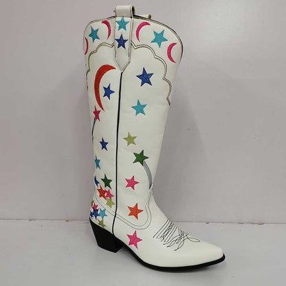 White cowboy star pattern knee high boots with multicolor star and moon embroidery