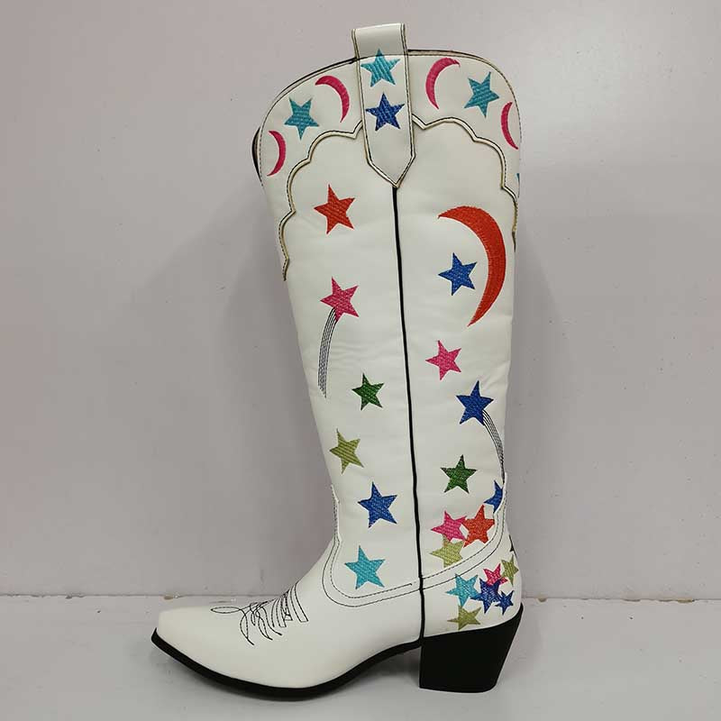 White star pattern knee high boots with colorful stars and crescent moon embroidery