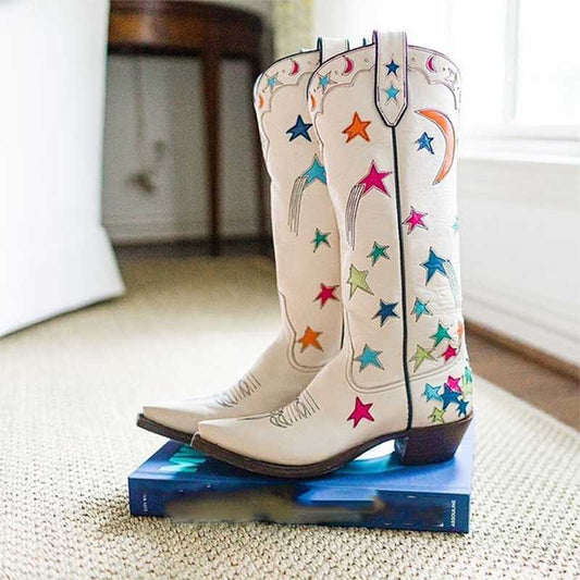 White star pattern knee high boots with colorful star and moon embroidery on wooden heel
