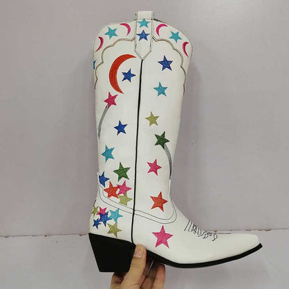 White star pattern knee high boots with multicolor star and moon designs and black block heel