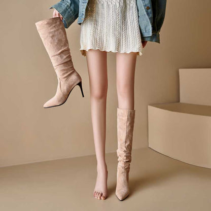 Suede knee high boots for special occasions in beige with pointed toes and slim heels