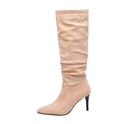 Beige suede knee high boots for special occasions with pointed toe and slim high heel