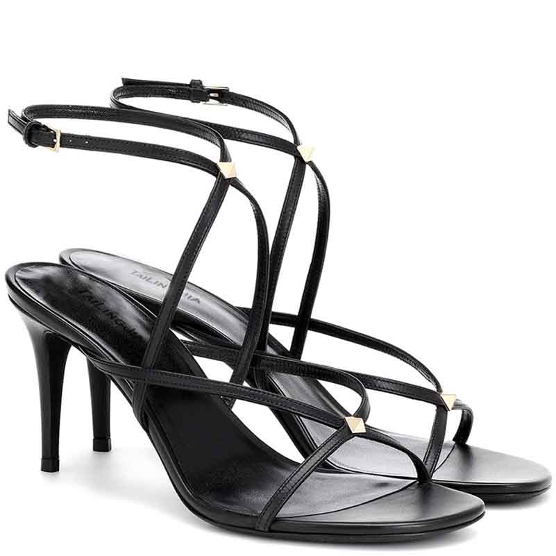 Black open toe summer dress heels with slim straps and gold accents perfect for elegant summer outfits