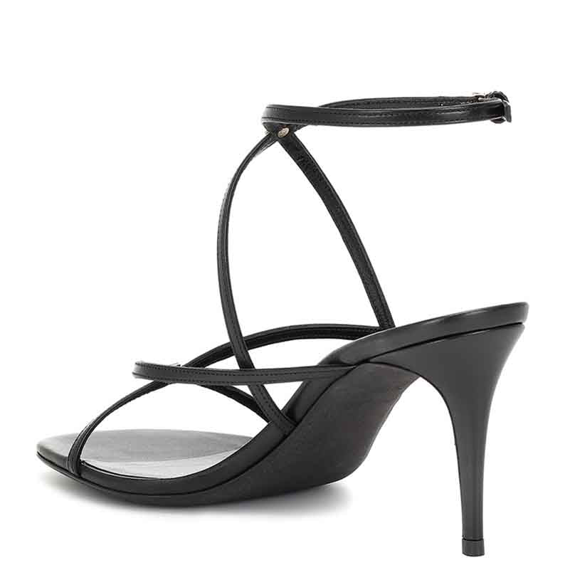 Black open toe summer dress heels with thin straps and ankle buckle on stiletto heel