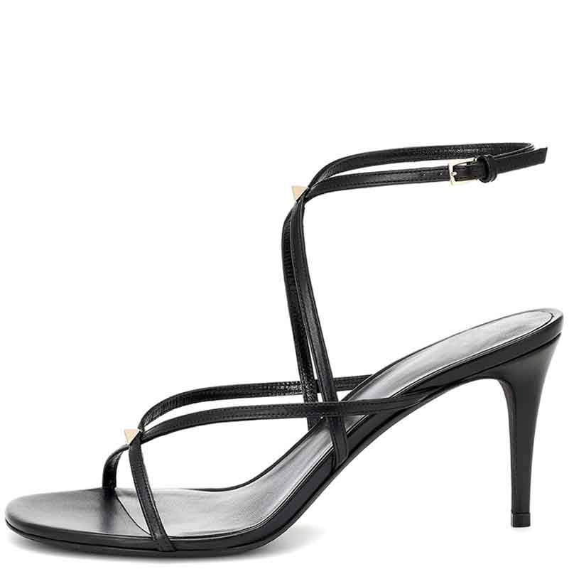 Black strappy open toe summer dress heels with buckle ankle strap and mid-height stiletto heel
