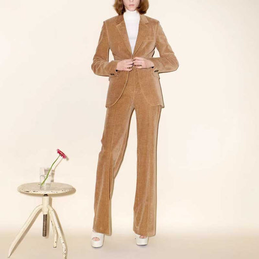 Women’s Khaki 2-Piece Suit | Single-Breasted Velvet Blazer & Trousers