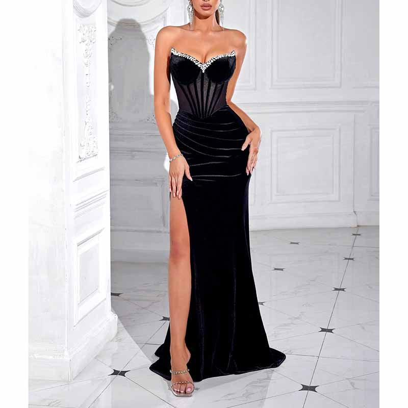 Sweetheart Neck Corset Split Velvet Long Evening Dress With Rhinestone