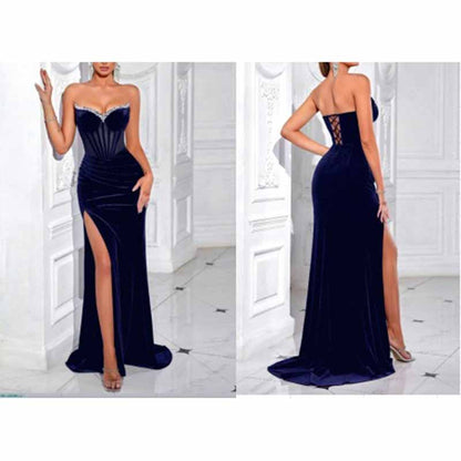 Sweetheart Neck Corset Split Velvet Long Evening Dress With Rhinestone