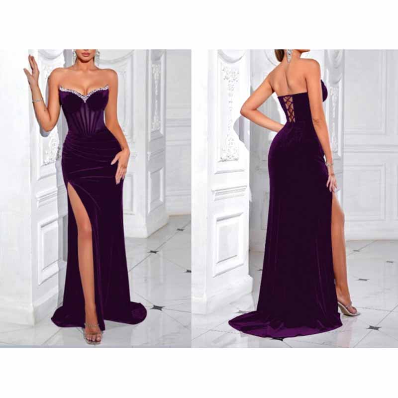 Sweetheart Neck Corset Split Velvet Long Evening Dress With Rhinestone