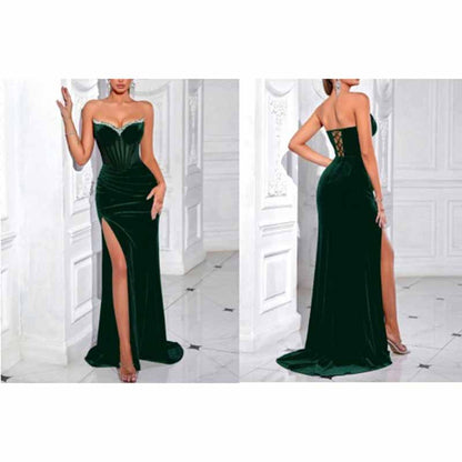 Sweetheart Neck Corset Split Velvet Long Evening Dress With Rhinestone
