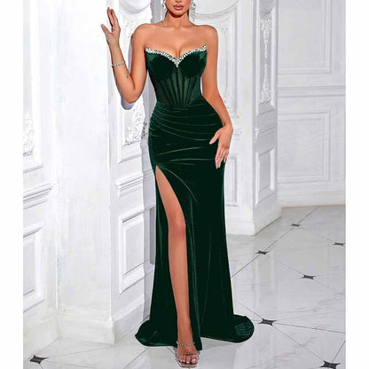 Sweetheart Neck Corset Split Velvet Long Evening Dress With Rhinestone
