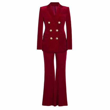 Women Velvet Pantsuit Double Breasted Gold Button Simt Fit Suit