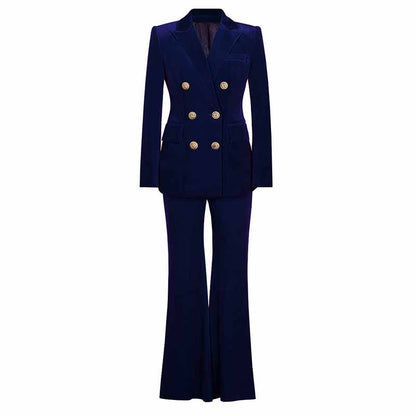 Women Velvet Pantsuit Double Breasted Gold Button Simt Fit Suit