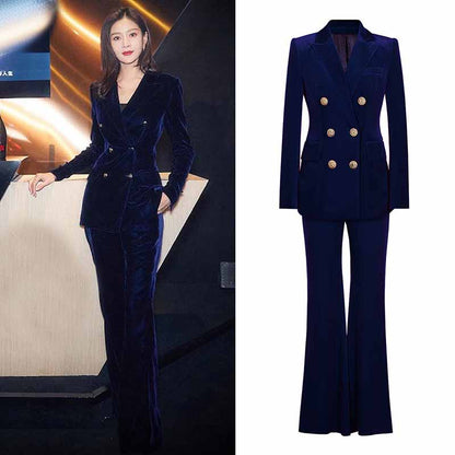 Women Velvet Pantsuit Double Breasted Gold Button Simt Fit Suit