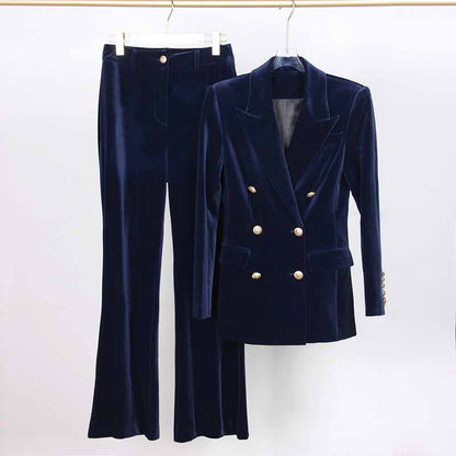 Women Velvet Pantsuit Double Breasted Gold Button Simt Fit Suit