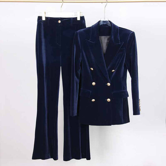 Women Velvet Pantsuit Double Breasted Gold Button Simt Fit Suit