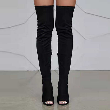 Black high heeled over the knee boots for women with peep toe and sleek fit