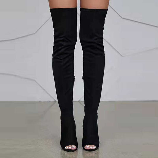 Black high heeled over the knee boots for women with peep toe and sleek fit