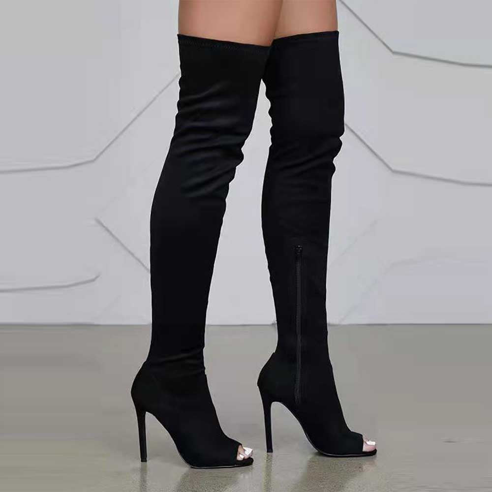 Black high heeled over the knee boots for women with peep toes and side zipper