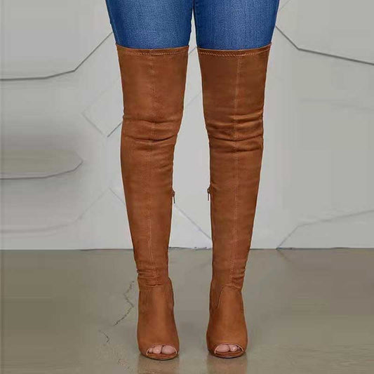 Brown high heeled over the knee boots for women with peep toe design and side zippers
