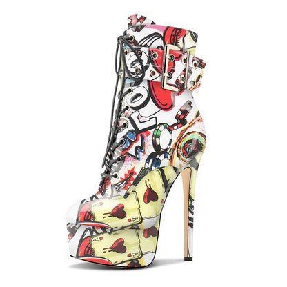 NONEBT multi-color platform ankle boots with high heels and graphic print design