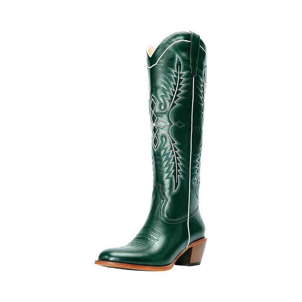 Vintage knee high cowboy boots in green leather with intricate stitching and a mid heel