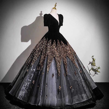 Velvet Sequin Tulle Prom Dress Wedding Ball Gown Dress