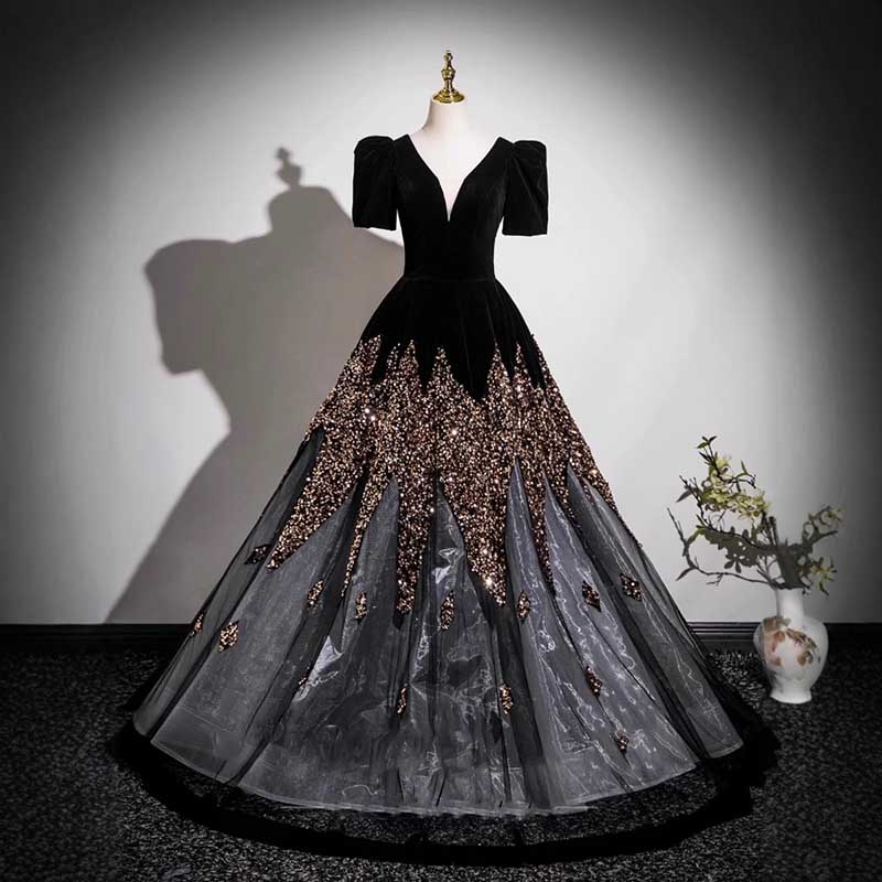 Velvet Sequin Tulle Prom Dress Wedding Ball Gown Dress