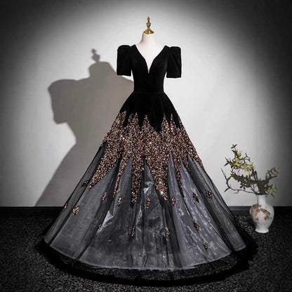 Velvet Sequin Tulle Prom Dress Wedding Ball Gown Dress