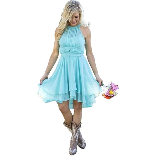 Light blue sleeveless bridesmaid dress paired with western boots western wedding guest dress for women