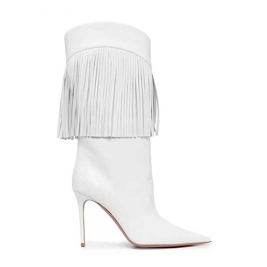 White fringe heeled boots with pointed toe and stiletto heel for stylish fashion statement