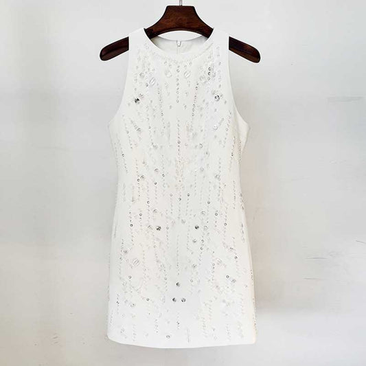 Hand-Beaded Short Dress White Mini Dress