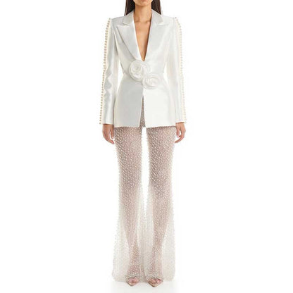 Wedding Suit Flower Pearls Detail Slim Fit Suit