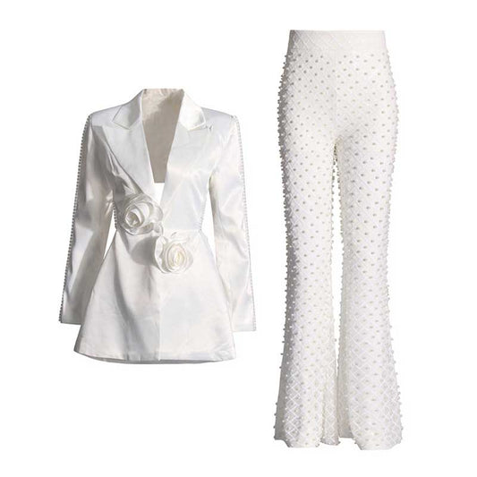 Wedding Suit Flower Pearls Detail Slim Fit Suit