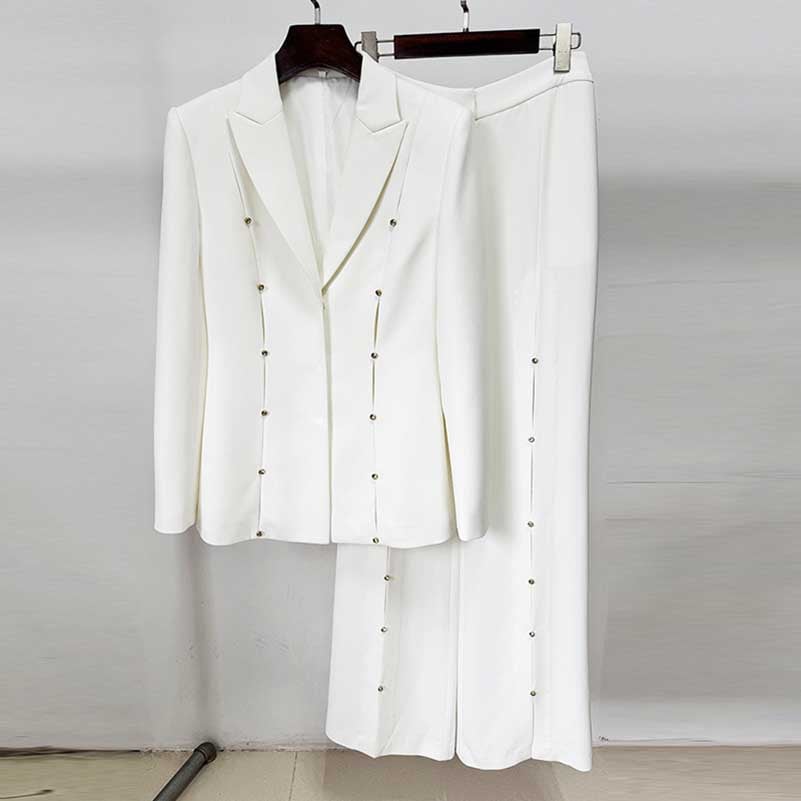 Womens White 2 Pieces Outfit Formal Wide-Legs Pantsuit Wedding Suit
