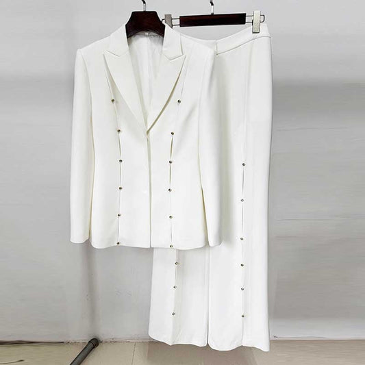 Womens White 2 Pieces Outfit Formal Wide-Legs Pantsuit Wedding Suit