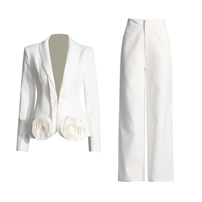 Wide-Leg Wedding Pantsuit in White Rose-appliques