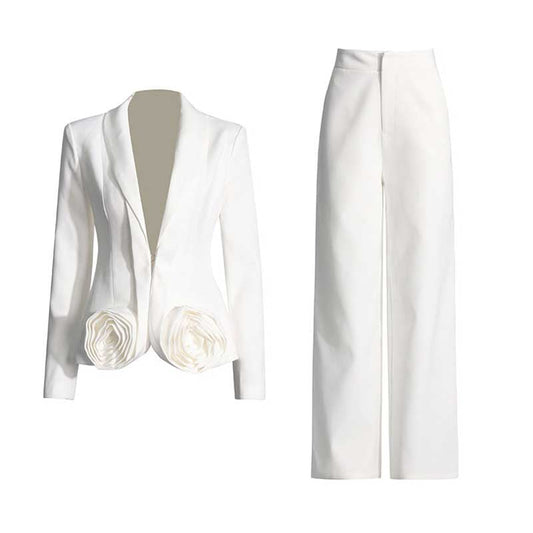 Wide-Leg Wedding Pantsuit in White Rose-appliques