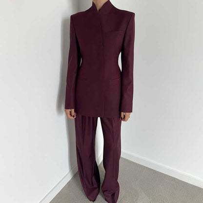 Wide Leg Pantsuit Wine Red Standard Collar Formal Event Suit