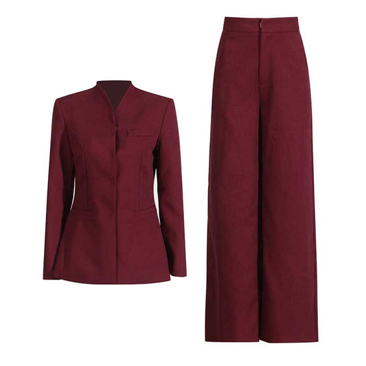 Wide Leg Pantsuit Wine Red Standard Collar Formal Event Suit