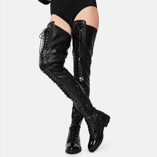 Black over the knee laced boots for women with thick soles and glossy finish