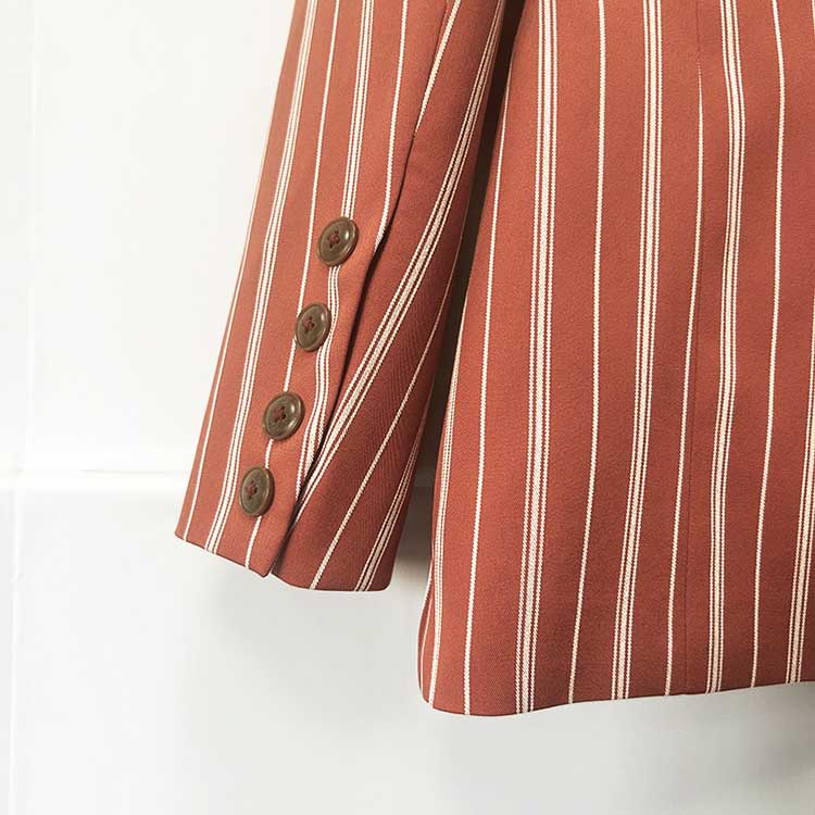 Stripe-Pattern Double-Breasted Blazer Suit Brown Pantsuit