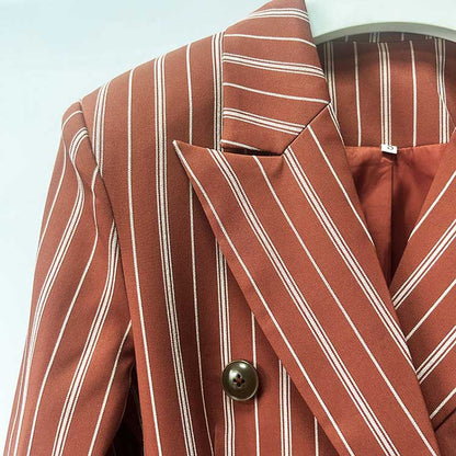 Stripe-Pattern Double-Breasted Blazer Suit Brown Pantsuit