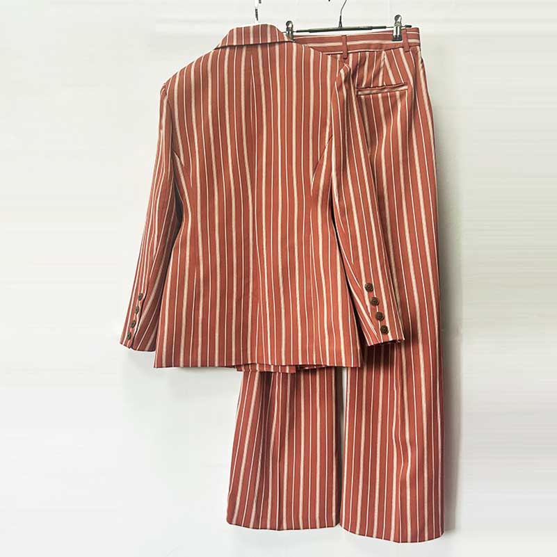 Stripe-Pattern Double-Breasted Blazer Suit Brown Pantsuit