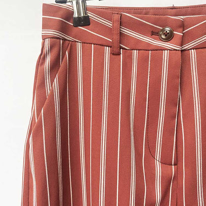 Stripe-Pattern Double-Breasted Blazer Suit Brown Pantsuit